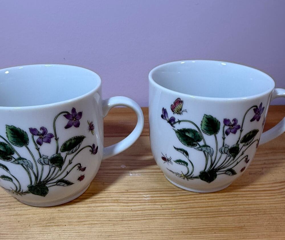 Set of 2 Botanical Violet Butterfly Coffee Tea Mugs Floral Garden Cups